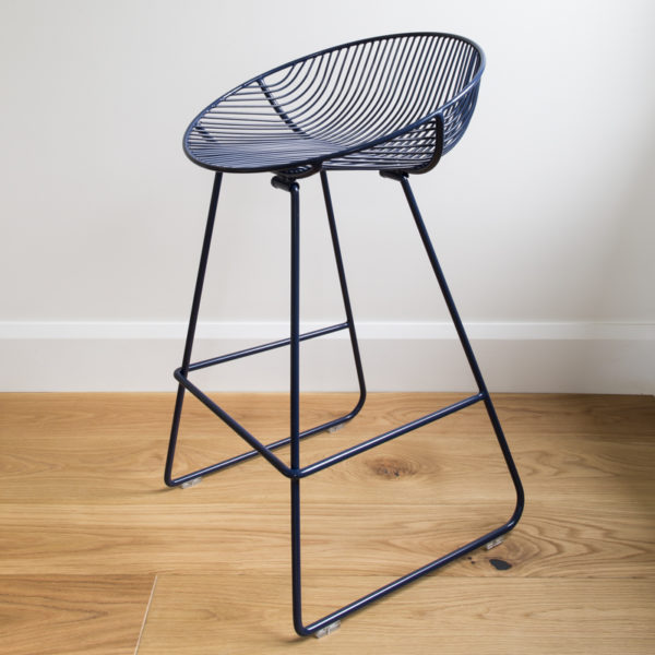 Wire furniture. Navy Blue wire kitchen barstool. Angle view