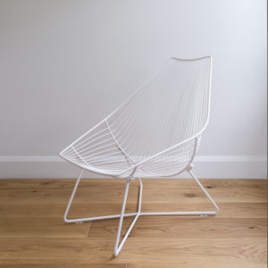 Outdoor chair, White wire lounger, mid century style with criss cross legs.