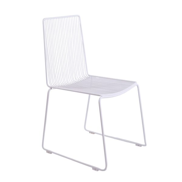 A white dining chair, handcrafted from wire.