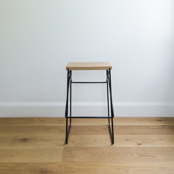 Black wire kitchen stool with criss cross legs & solid oak seat