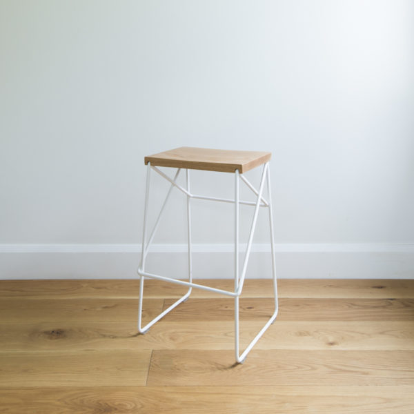 White wire kitchen stool with criss cross legs & solid oak seat