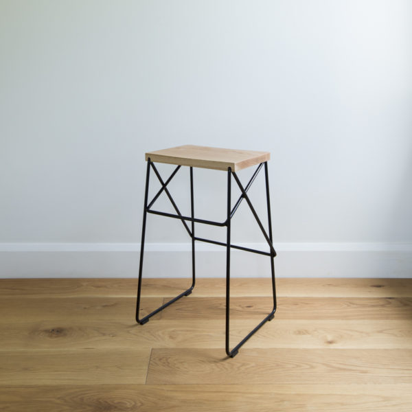 Black wire kitchen barstool with criss cross legs & solid oak seat