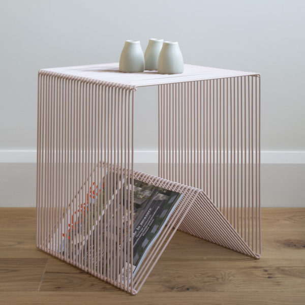 Blush pink wire side table, square wire magazine rack.