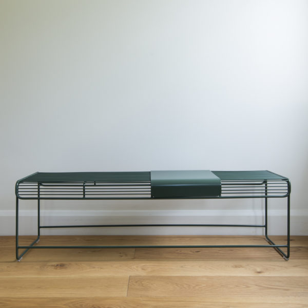 Outdoor wire furniture, Green coloured wire bench seat with a moveable metal