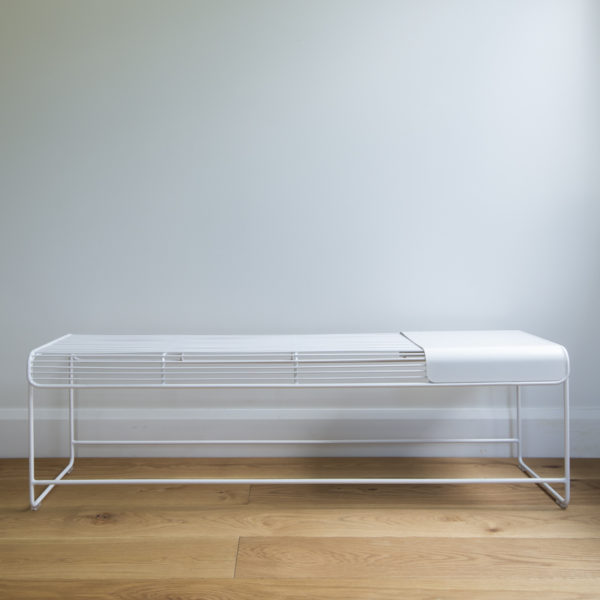 White wire Benmore bench seat, with moveable metal plate, wire furniture used for inside or outside use.