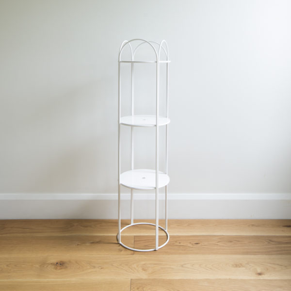 A 3 tiered, white metal wire deco plant stand or Jardinière. Mahoe Stand