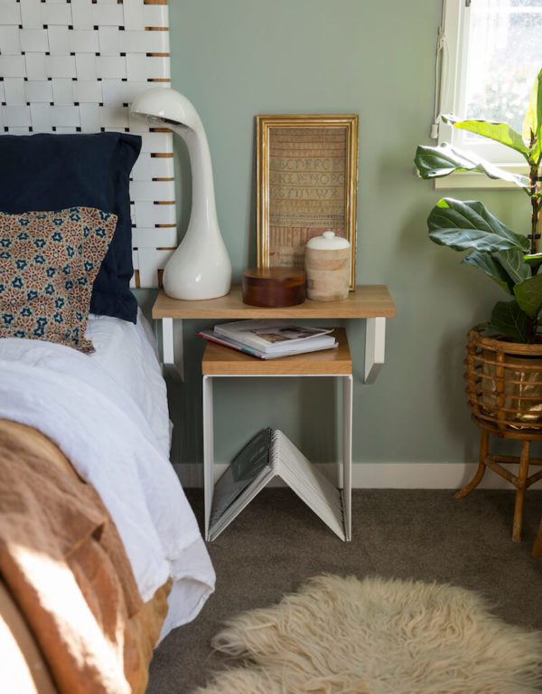 Oak shelf and oak & wire bedside table by Ico Traders.