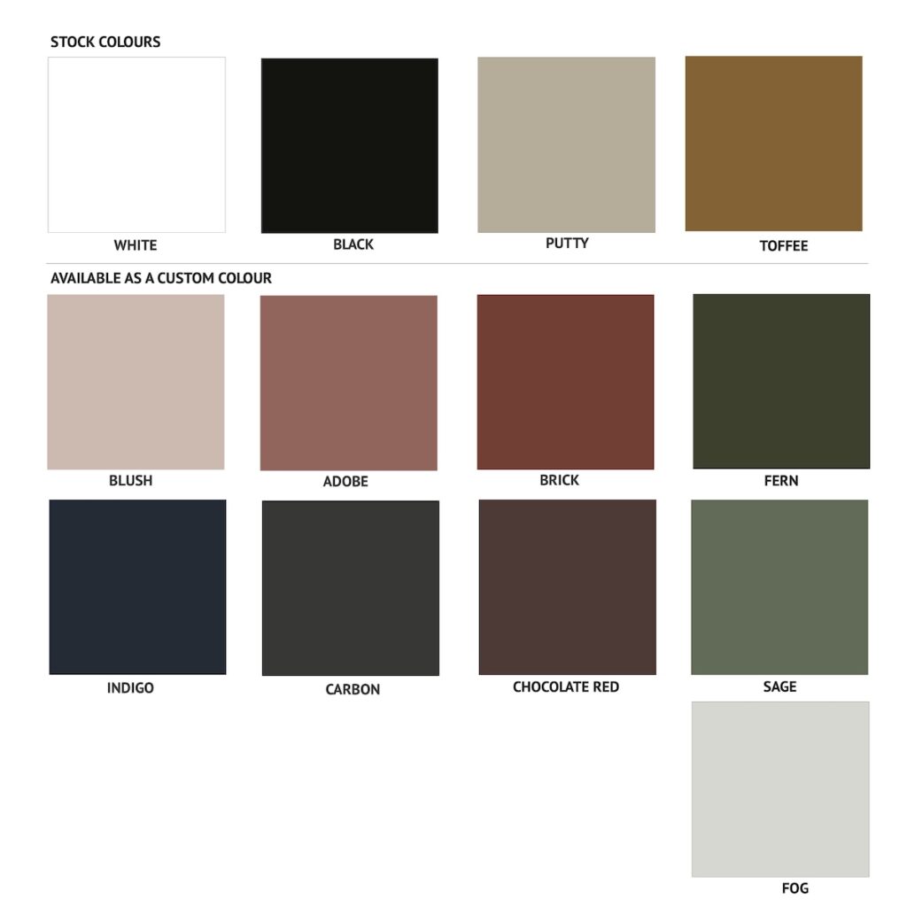 Ico Traders colour chart showing all the powdercoating colours available for the Dunedin Stool