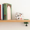 Oak Shelving by Ico Traders. Tiptoe wall brackets. Welcome shelf. Jamb bookends in colour Blush