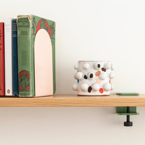 Oak Shelving by Ico Traders. Tiptoe wall brackets. Welcome shelf. Jamb bookends in colour Blush