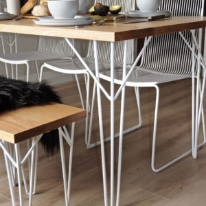 Wire hairpin legs for dining tables and desks. benchseat with white hairpin legs, Devonport wire dining chairs
