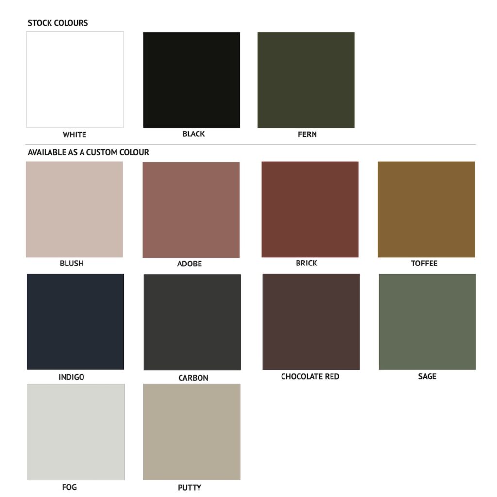 Ico Traders colour chart showing all the powdercoating colours available for the ORERE OUTDOOR SOFA