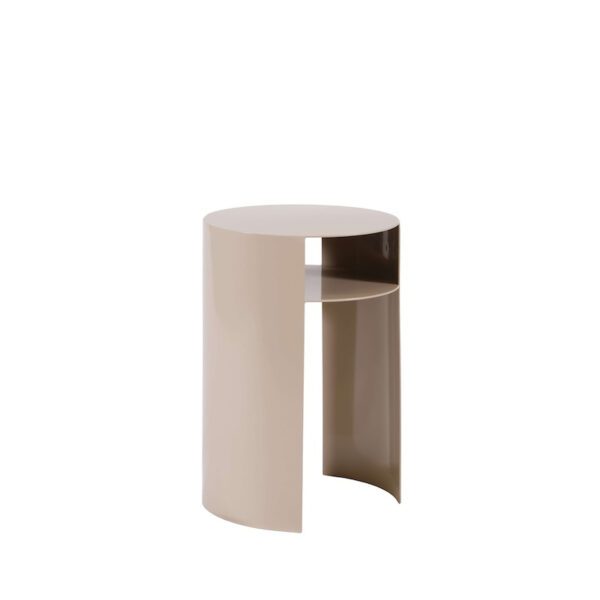 Waipuna stainless steel outdoor side table with built-in shelf, styled with wire outdoor furniture.