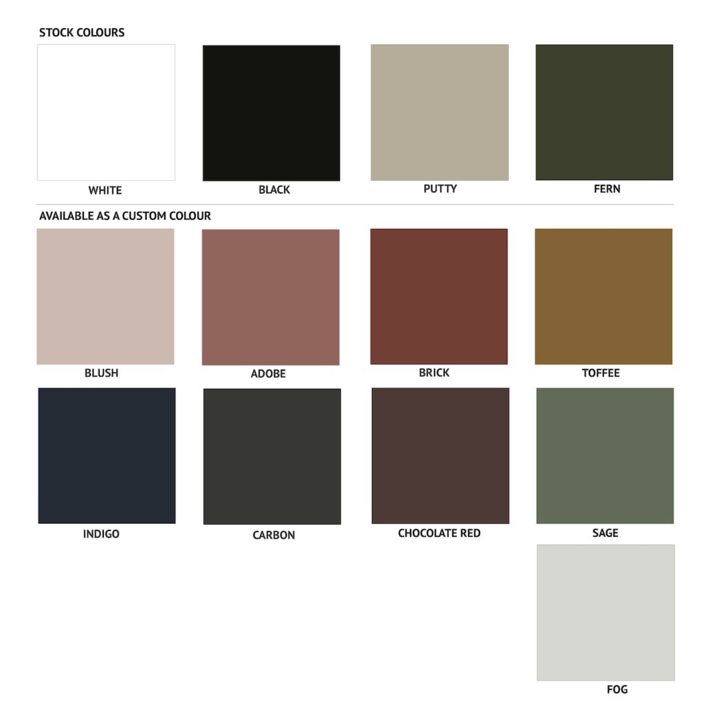 ICO TRADERS'S POWDERCOAT COLOUR CHART, SHOWING THE AVAILABILITY OF COLOURS
