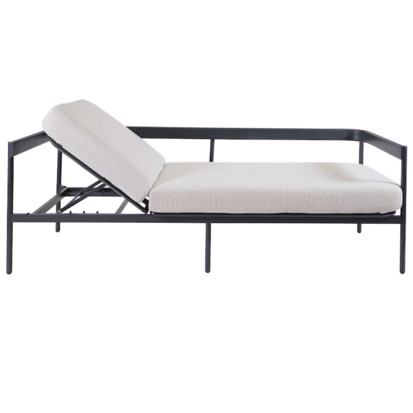 Two-piece aluminum outdoor corner sofa with built-in chaise lounger. A carbon coloured frame and textured polyester fabric