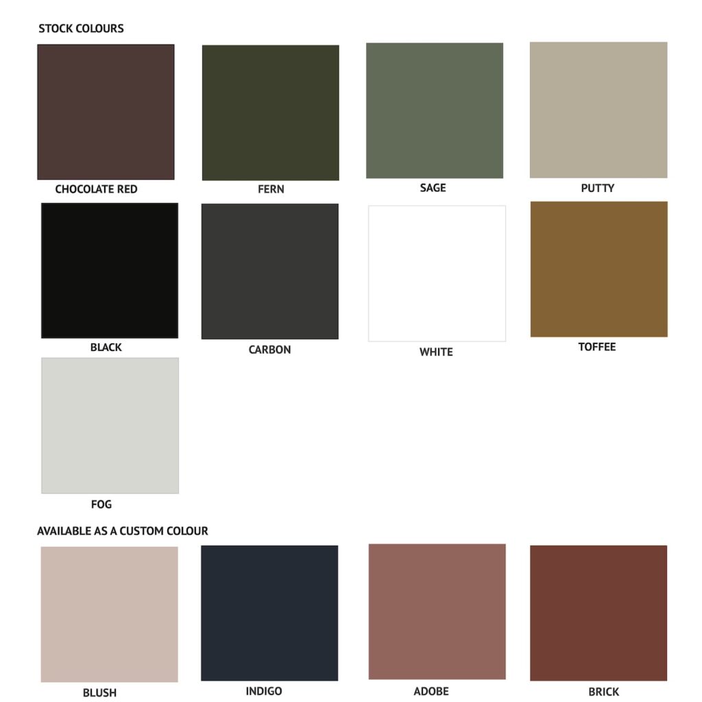 Ico Traders colour chart showing all the powdercoating colours available for the Beaumont Stool