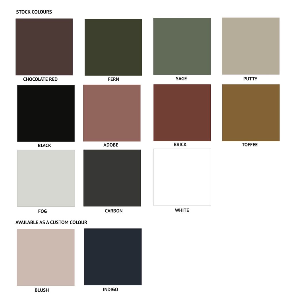 Ico Traders colour chart showing all the powdercoating colours available for the Dotty Table