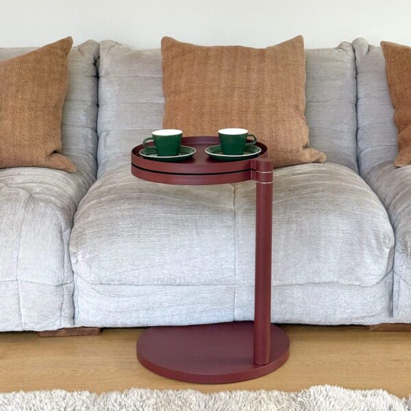 Compact dual-surface Dotty Table in powder-coated aluminium with natural oak veneer discs