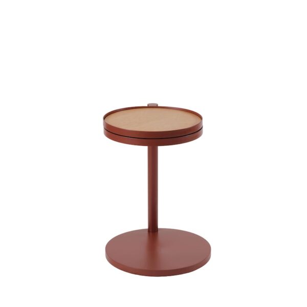 Dotty Table with dual oak veneer tops and swivel base in chocolate red powdercoated aluminium finish”