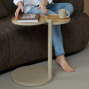 Ico Traders' Dotty side table. aluminium material with oak wood removable inserts.