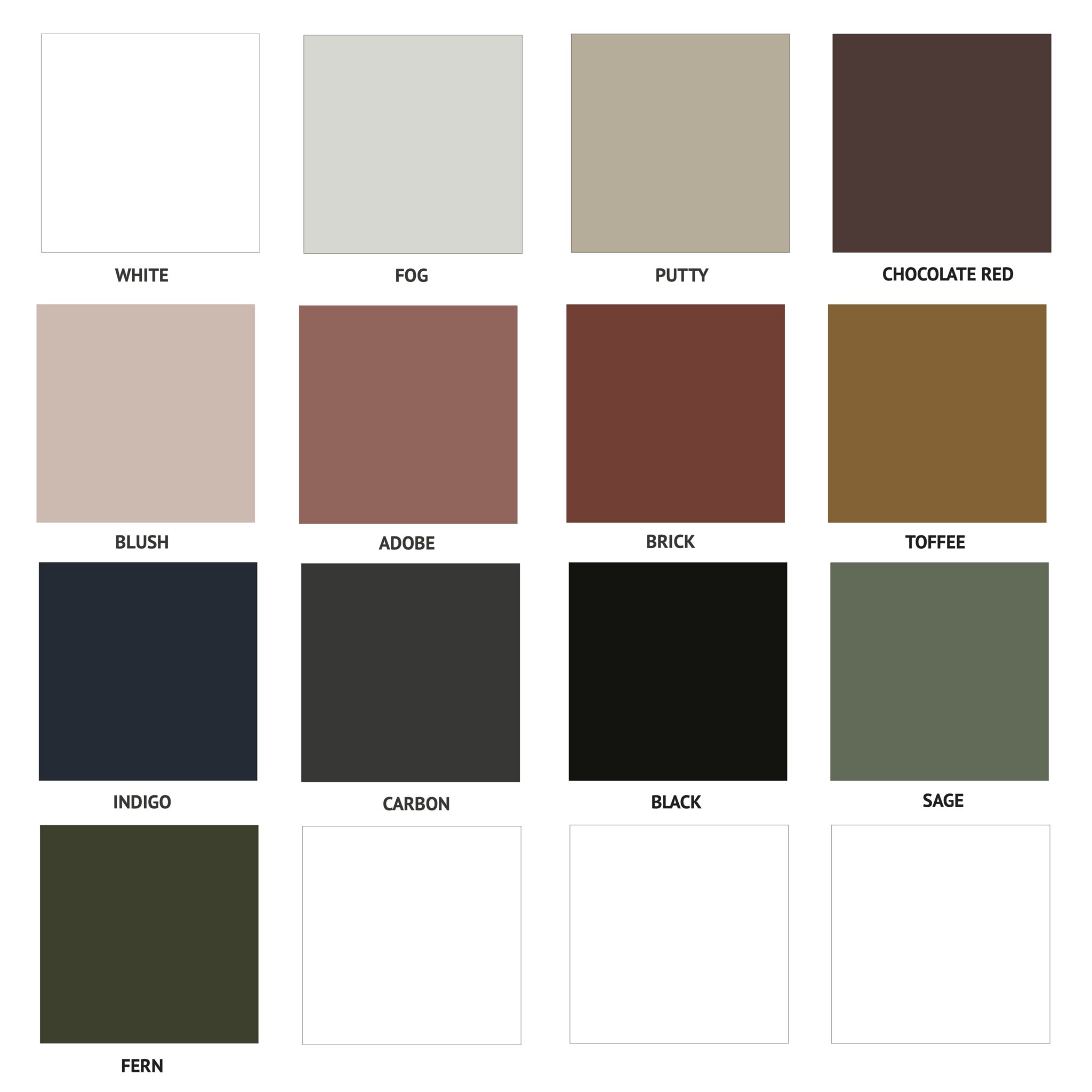Ico Traders colour chart showing all the powdercoating colours available for their furniture range