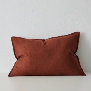 Rosewood linen blend cushion. Ico Traders on sofa, neutral indoor cushion with soft texture New Zealand homewares