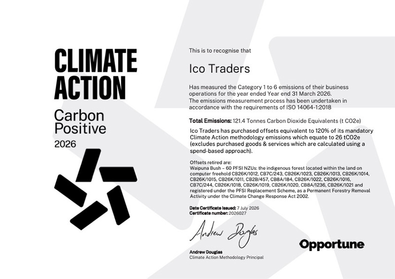 Ico Traders Has measured the Category 1 to 6 emissions of their business operations for the year ended Year end 31 March 2026. The emissions measurement process has been undertaken in accordance with the requirements of ISO