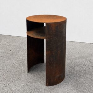 Corten steel Waipuna side table with curved base and hidden shelf, rust patina finish